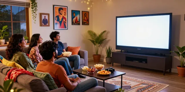 Friends enjoying ullu web series in a cozy home theater setting with colorful decor.
