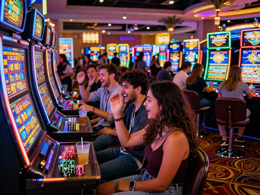 Exciting scene of friends winning at a slot88 machine in a vibrant casino.