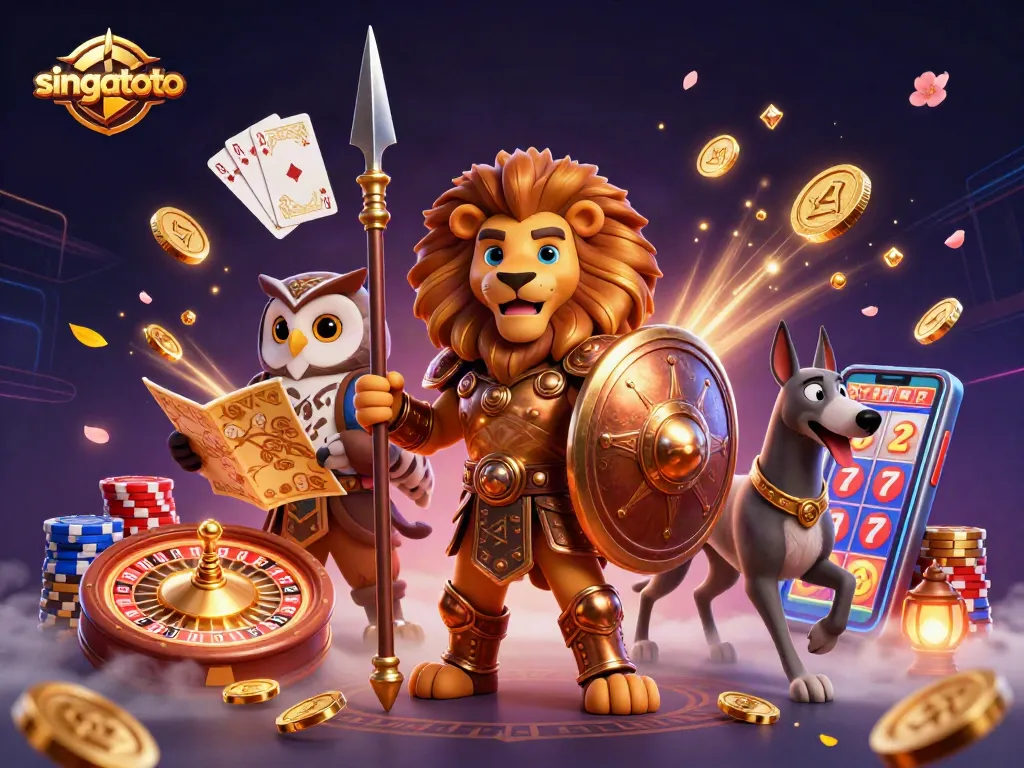 Experience the thrill of singatoto with an exciting 3D casino scene showcasing heroic characters and vibrant game elements.