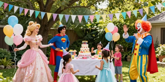 Engaging party characters entertaining kids at a joyful birthday celebration, with vibrant colors and festive decorations.