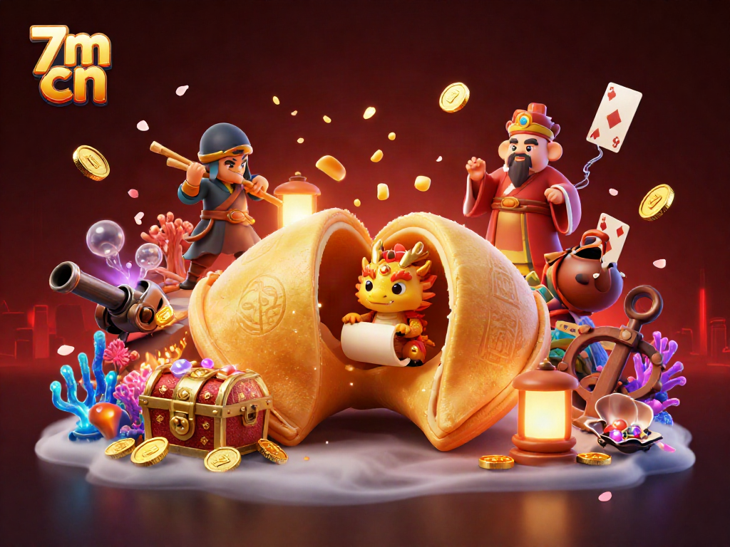 Engage with 7m cn for live betting action, featuring a whimsical 3D scene with dragons and gold coins.