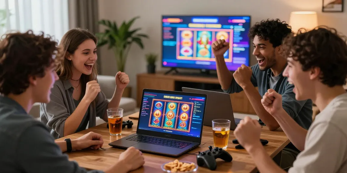 Friends enjoying an exciting gaming session on HWGSLOT, celebrating wins in a cozy setting.
