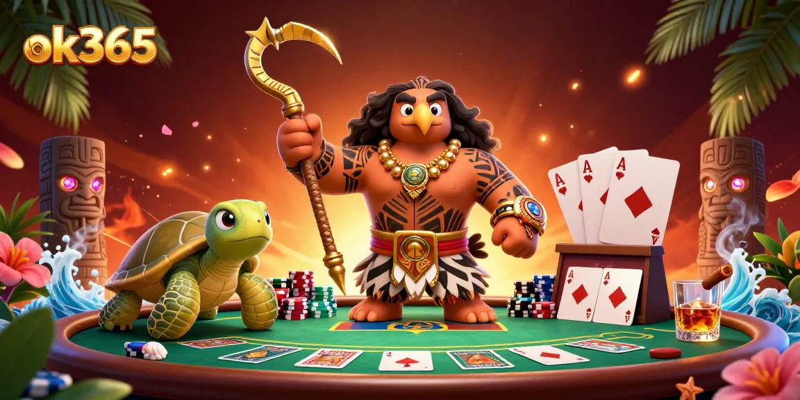 Engage in thrilling poker action at ok365 with colorful chips and vibrant characters in a dynamic casino setting.