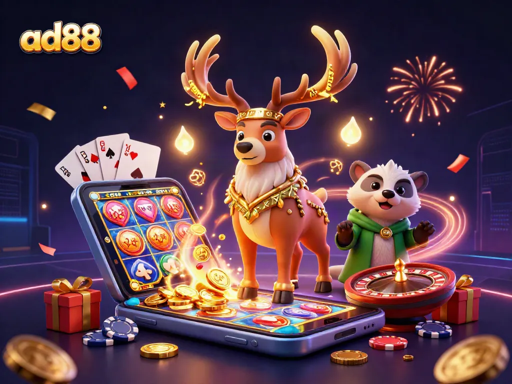 Engage with ad88's thrilling slot games through a captivating 3D illustration featuring a Celtic druid and wise companions.