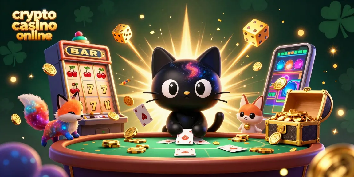 Unico crypto casino online con gatti e giochi, esplosioni di monete e colori vivaci.