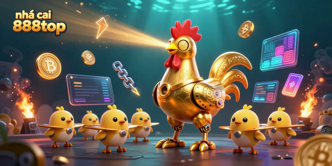 Experience the excitement at nhà cái 888top with a futuristic golden rooster robot and crypto elements, showcasing the thrill of online gambling.