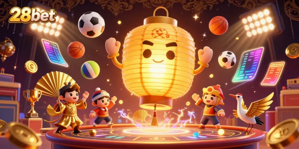 Engage with 28bet's vibrant casino scene featuring a floating golden lantern spirit and dynamic sports elements.