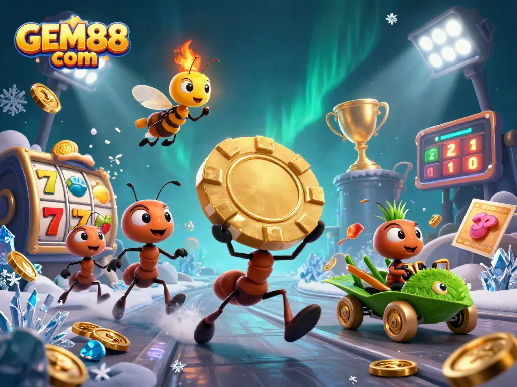 Experience the excitement of gaming with GEM88 com as ants embark on a thrilling heist for a golden poker chip.