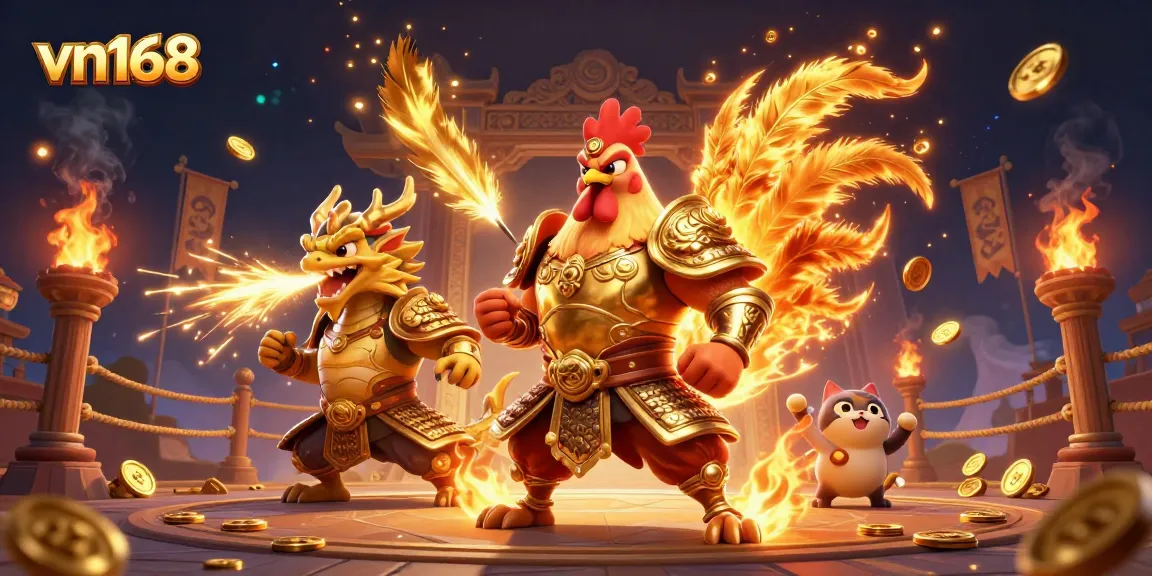 Experience thrilling cockfighting action at vn168 with a powerful rooster warrior and a fierce dragon hatchling.