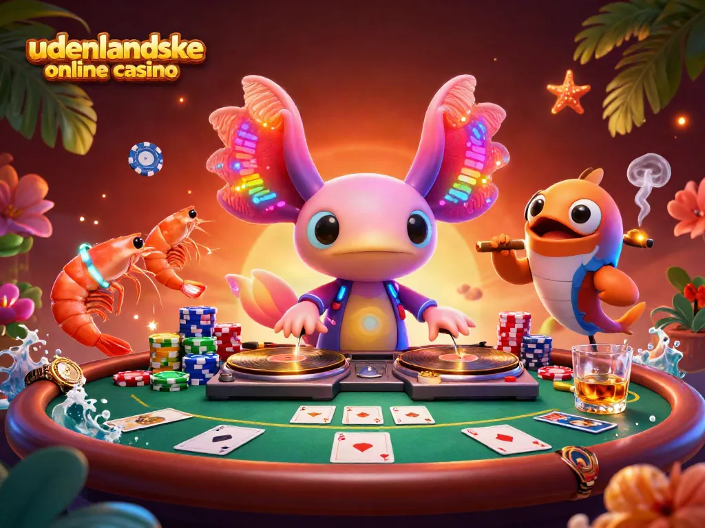 Experience the thrill of udenlandske online casino with a vibrant 3D scene featuring a neon axolotl DJ.