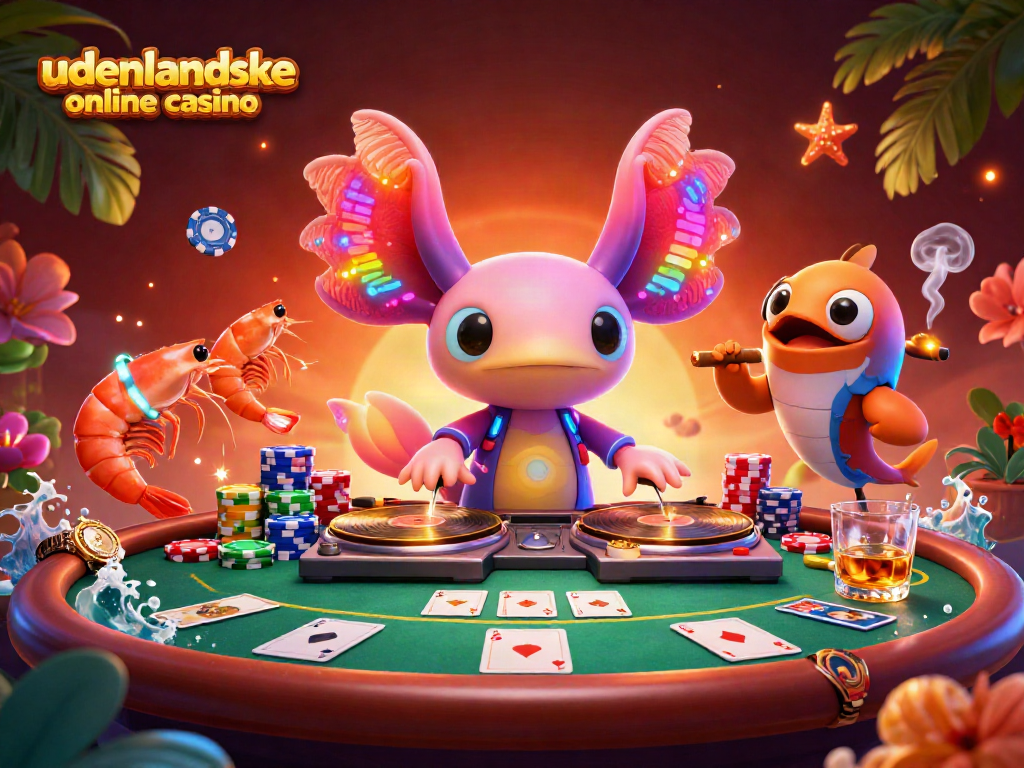 Experience the thrill of udenlandske online casino with a vibrant 3D scene featuring a neon axolotl DJ.