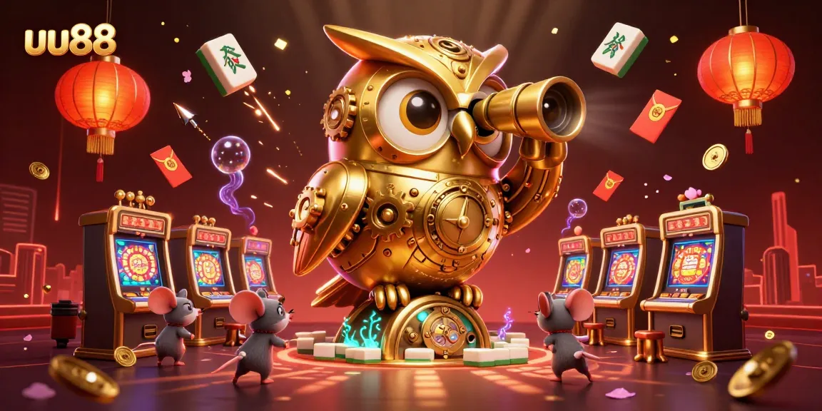 Experience exciting gambling adventures at uu88 with a whimsical owl overlooking a vibrant casino floor.