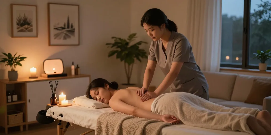 Relaxing 구리출장마사지 session in cozy home setting with candles and soothing ambiance.