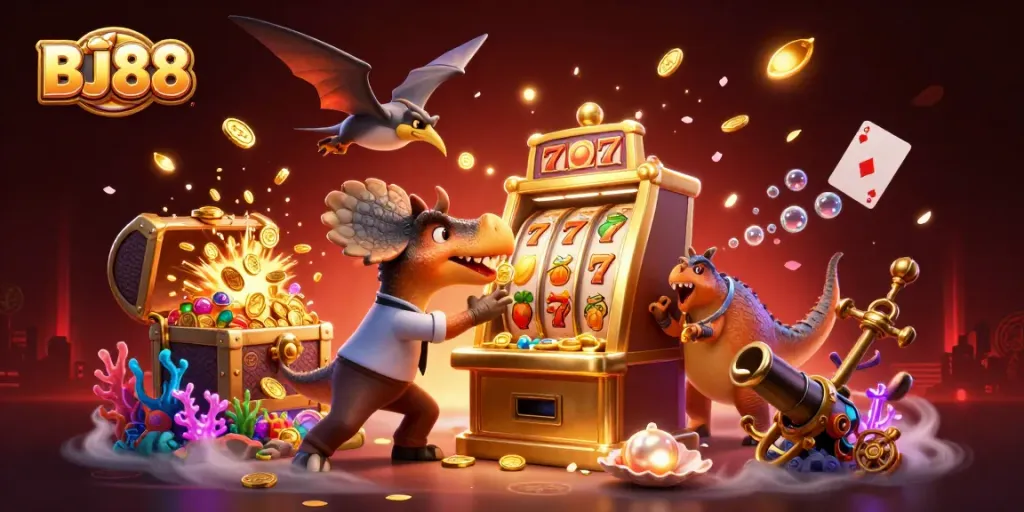 BJ88 casino scene with a dinosaur hitting a jackpotted slot machine, gold coins flying all around