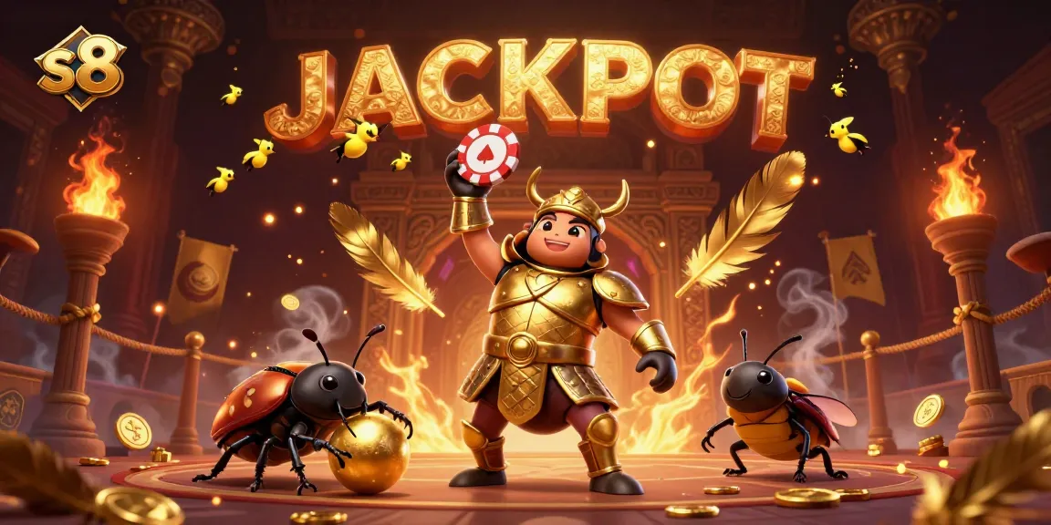 Experience the thrill of s8 with a cartoon beetle lifting a poker chip amidst a vibrant casino scene.