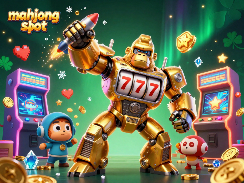 Engage with mahjong slot action featuring a golden gorilla mech amidst colorful gaming elements