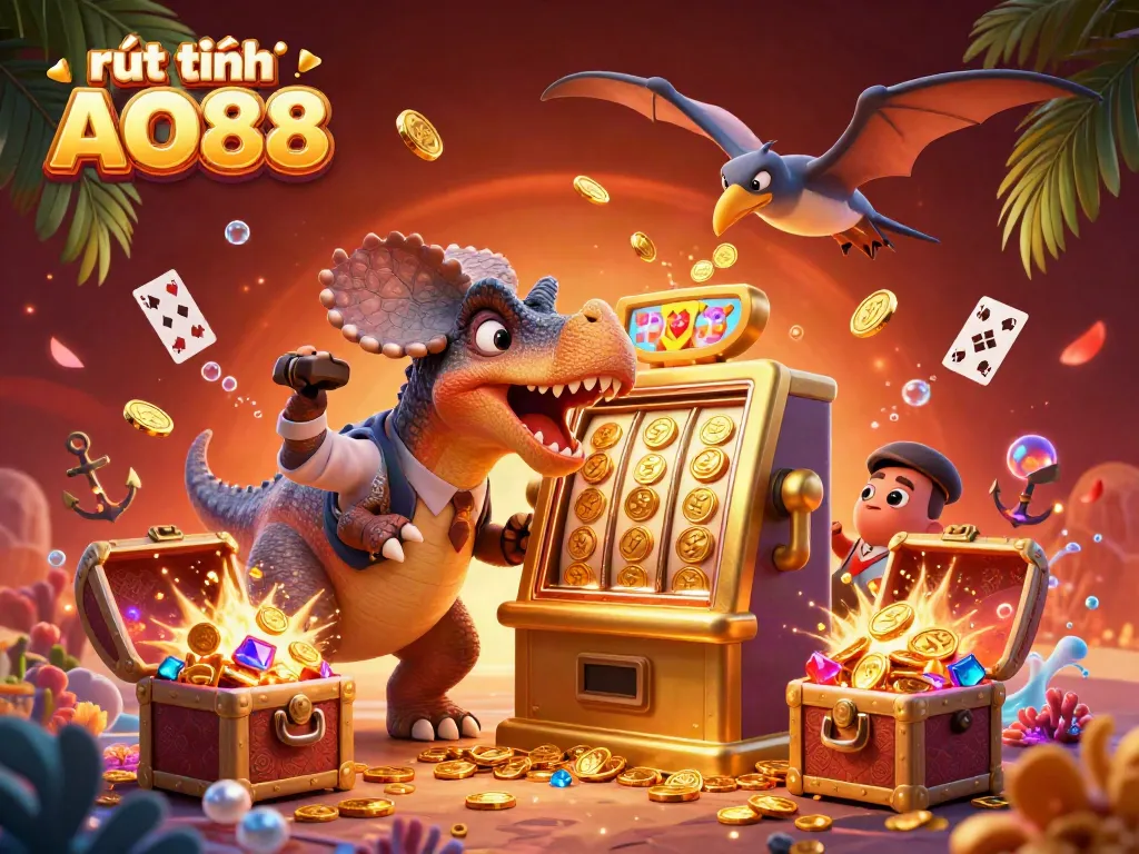 Experience the excitement of rút tiền AO88 as a dinosaur interacts with a slot machine to win coins.