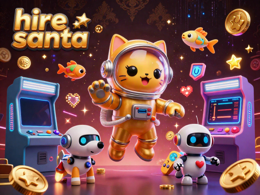 Hire Santa in an exciting gambling setting, complete with 3D arcade machines and vibrant game elements.