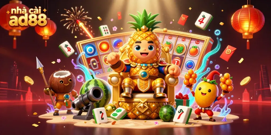 Engage with the vibrant world of nhà cái ad88 featuring a cartoon pineapple king amidst dynamic gaming elements.