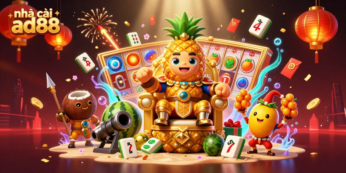 Engage with the vibrant world of nhà cái ad88 featuring a cartoon pineapple king amidst dynamic gaming elements.