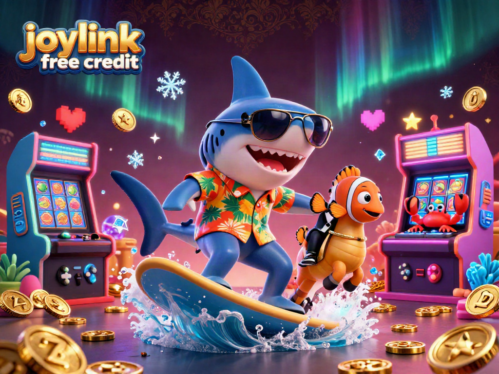 Experience joylink free credit in this vibrant 3D casino illustration featuring lively characters and gaming excitement.