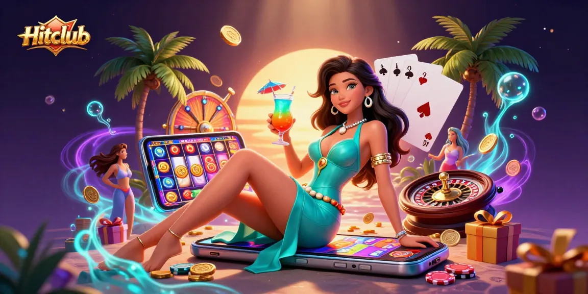 Hitclub showcases a glamorous cocktail experience amidst vibrant casino elements, perfect for thrilling gaming.