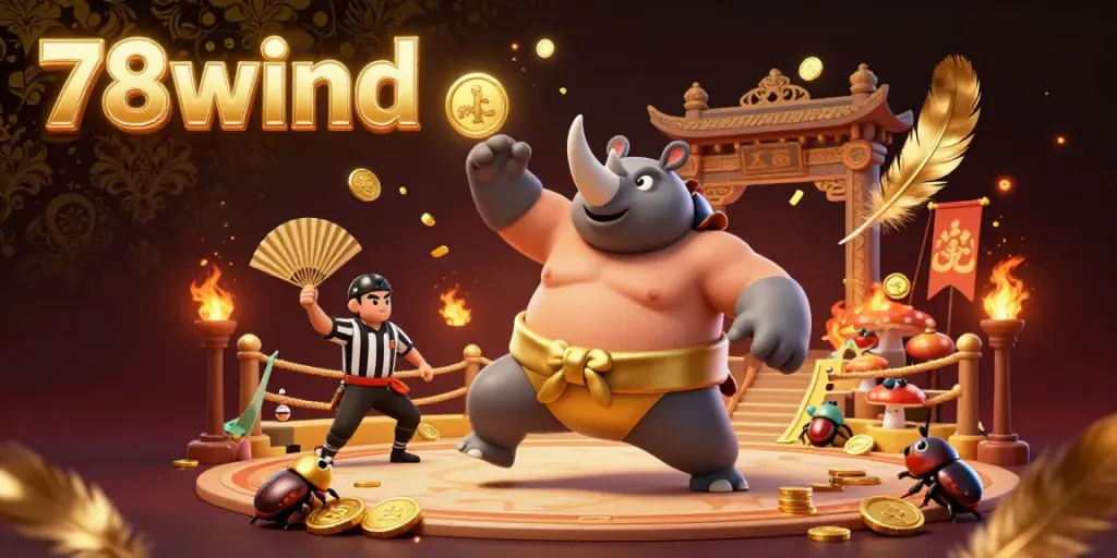 Engage with the dynamic 78wind gaming experience featuring a rhinoceros beetle champion in an explosive casino scene.