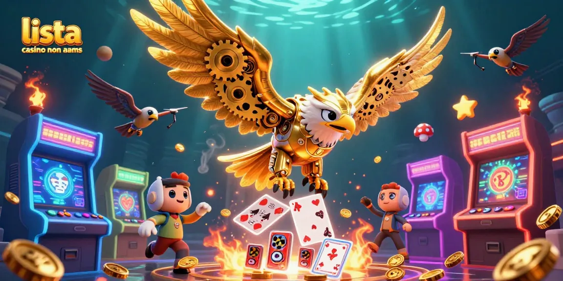 Scopri la lista casino non AAMS con grafiche coinvolgenti di un'aquila cybernetica tra carte e giochi arcade.