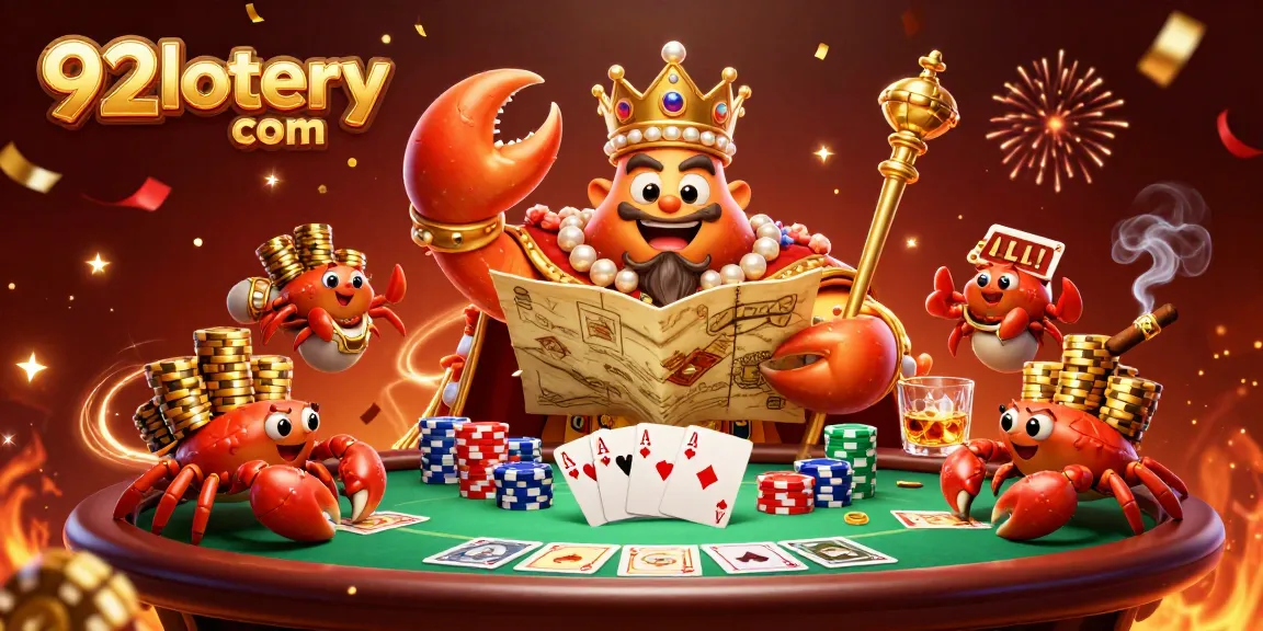 Engage with 92lottery com in this vibrant 3D casino scene showcasing a crab emperor and poker elements.