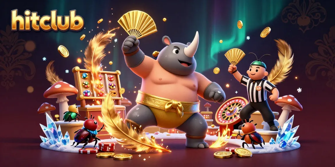 hitclub showcases a dynamic casino scene with a powerful rhinoceros beetle champion stomp, sending coins flying.