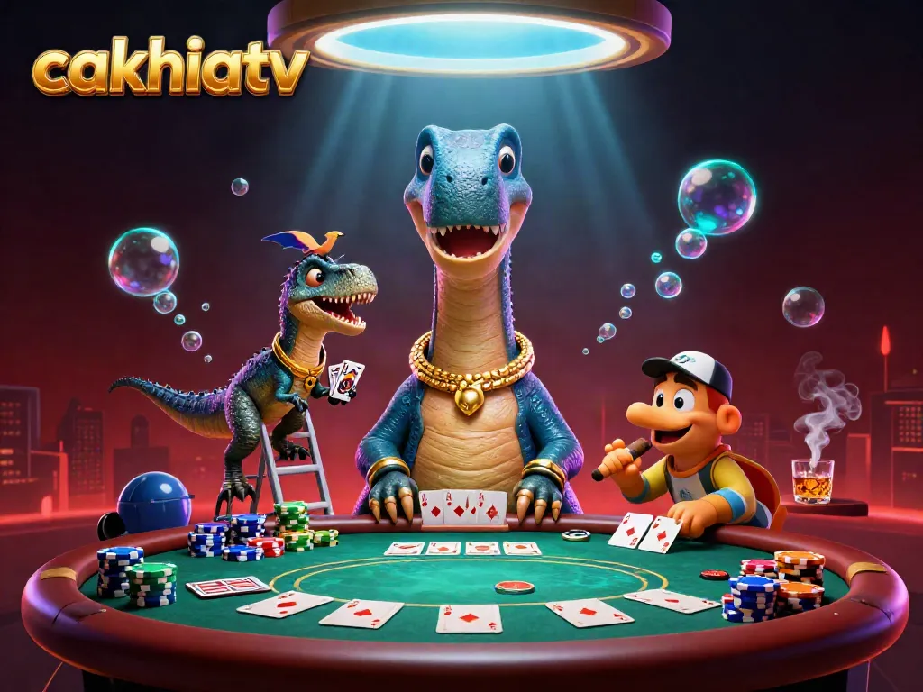 Cakhiatv's exciting gaming scene with a towering brontosaurus and raptor dealer creates a winning atmosphere