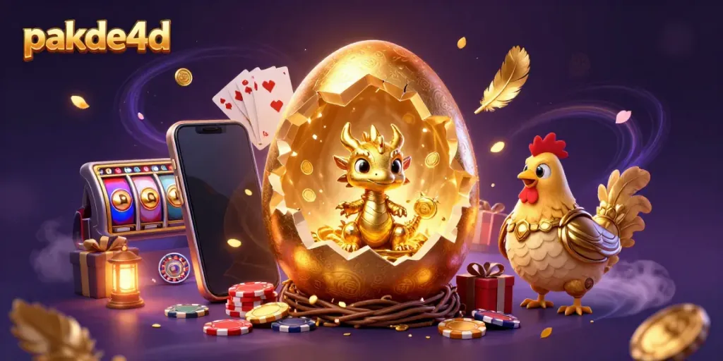Experience the thrill of pakde4d as a golden dragon emerges from a golden egg among vibrant casino elements.