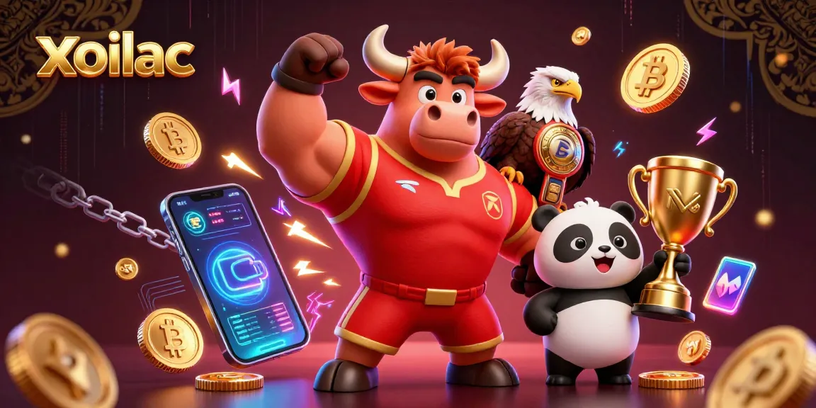 Xoilac offers thrilling online betting with a vibrant 3D cartoon scene featuring energetic mascots celebrating wins.