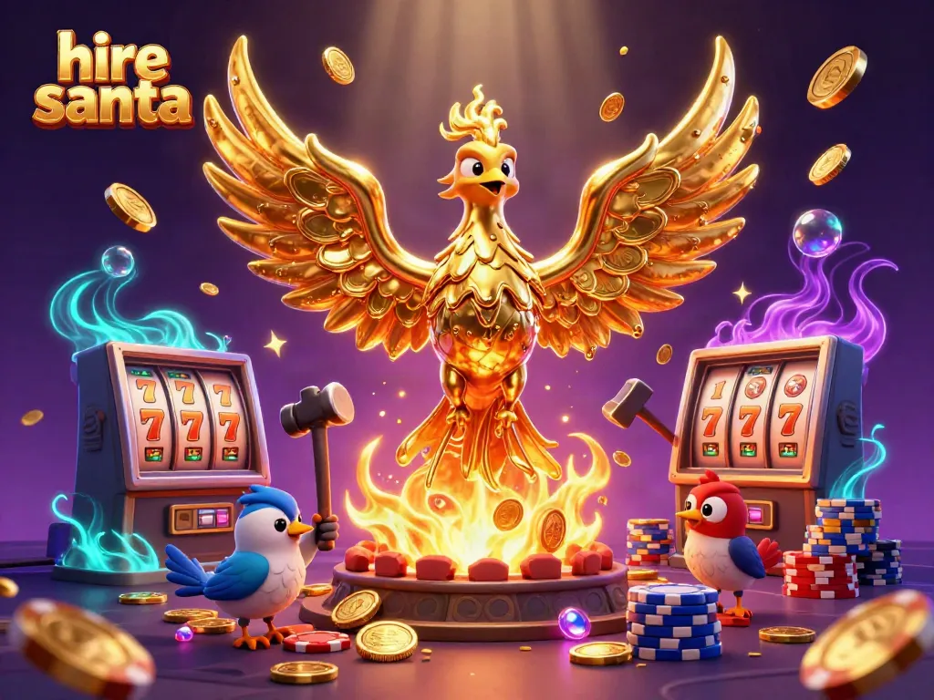 Experience the excitement to hire Santa with this vibrant 3D casino-themed illustration, featuring golden phoenix and poker chips.