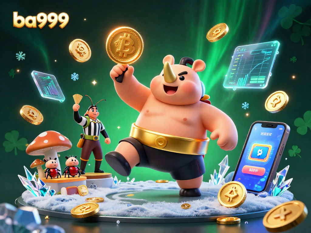Experience thrilling wins at ba999, featuring a captivating scene of a sumo beetle champion amidst flying golden coins and vibrant crypto elements.
