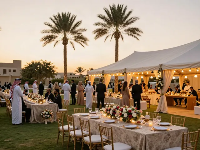 Event rentals for a luxurious outdoor wedding in Saudi Arabia showcasing a beautifully decorated tent and elegant tables.