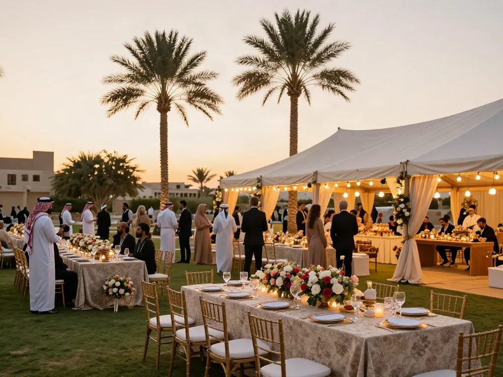Event rentals for a luxurious outdoor wedding in Saudi Arabia showcasing a beautifully decorated tent and elegant tables.