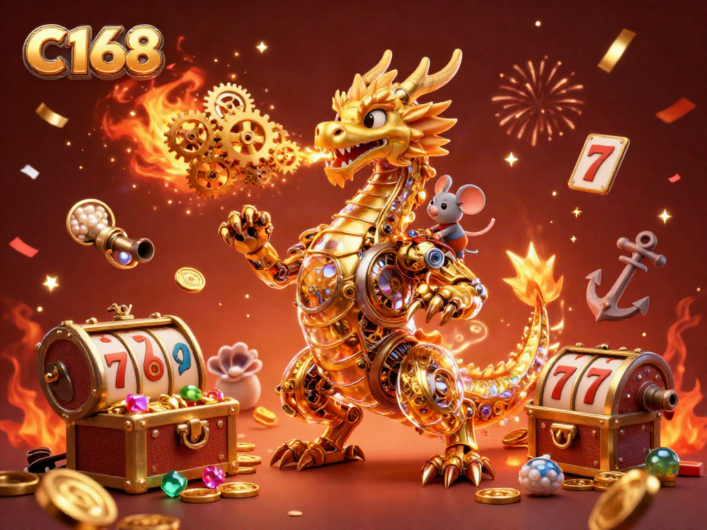 Experience the excitement of C168 with a golden dragon, slot reels, and underwater treasures in a vibrant casino scene.