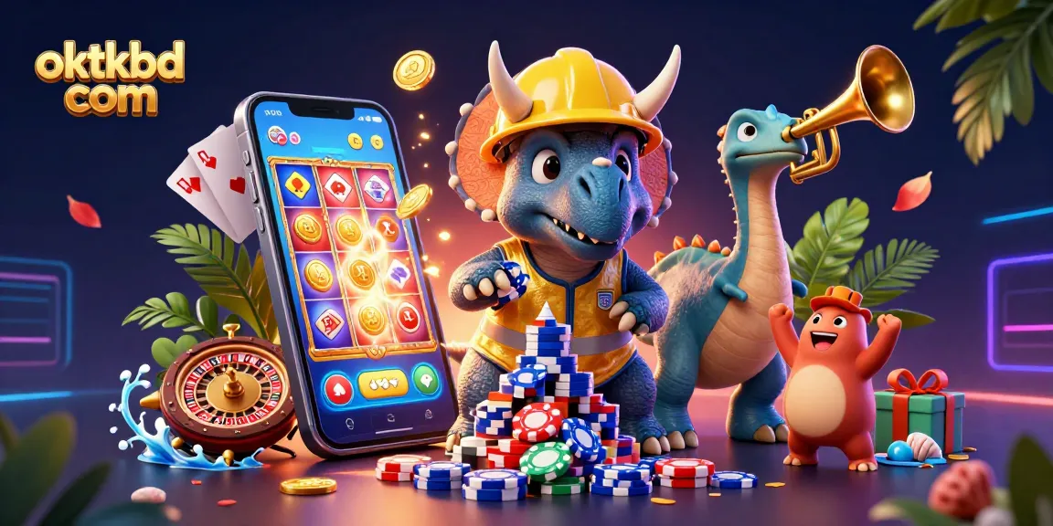 Win big at oktkbd com with dynamic 3D casino illustration featuring interactive gaming elements.