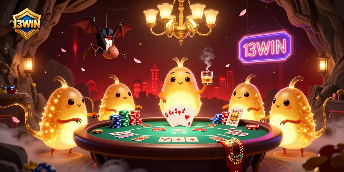 Experience the excitement at 13WIN with glowing glowworms in a bioluminescent casino lighting up a poker table.
