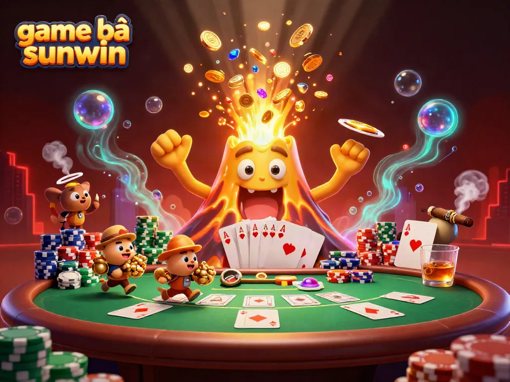 Experience the thrill of game bài sunwin with treasures erupting from a golden volcano in an exciting casino scene.