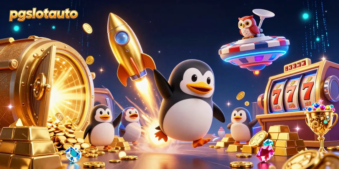 Experience the excitement of pgslotauto gaming with a golden penguin flying towards a casino space station, rich in treasures.