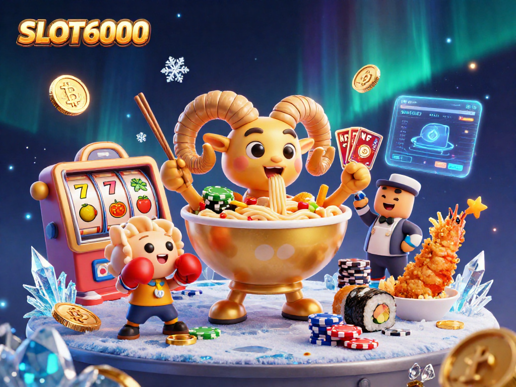 SLOT6000 showcases an exciting scene with a giant ramen bowl, engaging in card games and gaming fun.