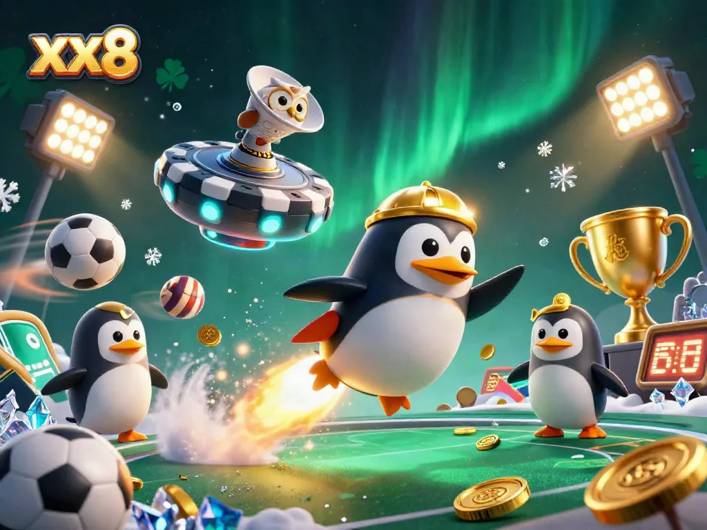 Bet on xx8 with the golden penguin in a dynamic casino-themed 3D scene full of excitement.