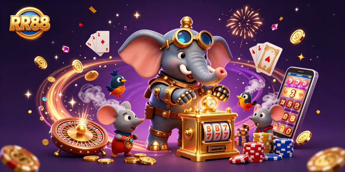 Experience RR88 with a vibrant 3D casino scene filled with golden coins, slots, and festive energy.