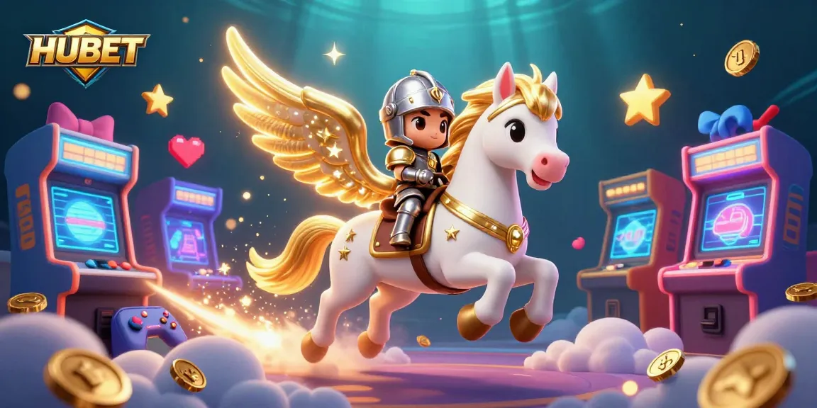 Win big at HUBET with a vibrant 3D casino scene showcasing dynamic gaming elements and celestial characters.
