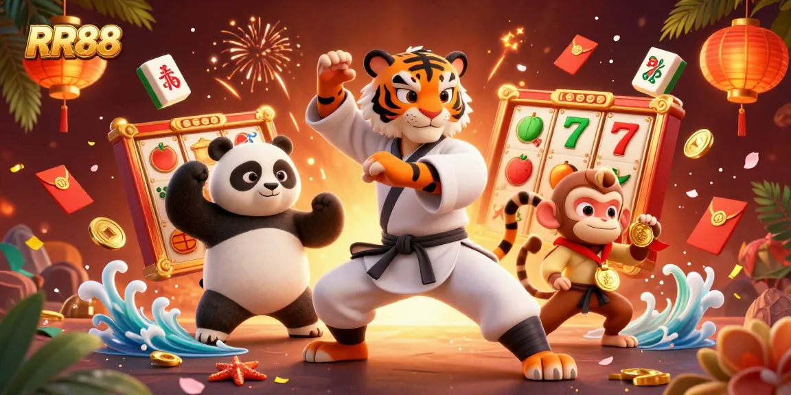 Engage with RR88 through this vibrant 3D digital illustration showcasing exciting casino elements and characters.