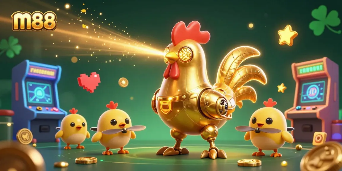 Experience the thrill of m88 with a vibrant 3D illustration featuring gaming elements, golden characters, and dynamic action.