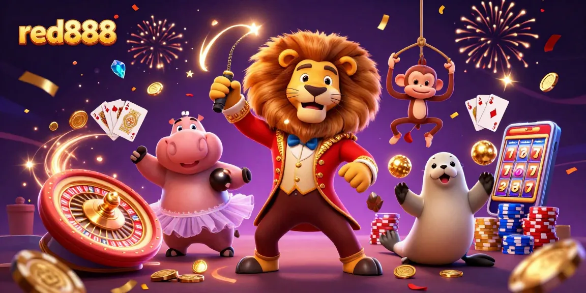 Experience the excitement of red888 with charismatic circus characters in a vibrant casino scene.