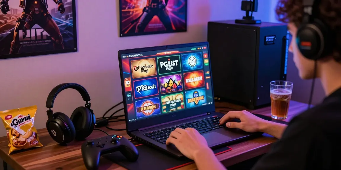 Player enjoying wd138 online slot games in a vibrant gaming setup with snacks and colorful graphics.